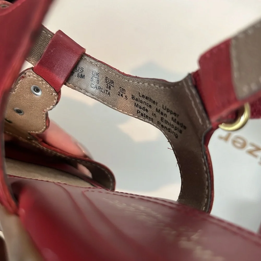 Naturalizer Red Leather T-Strap Sandals with Brass Accents - Picture 10 of 10